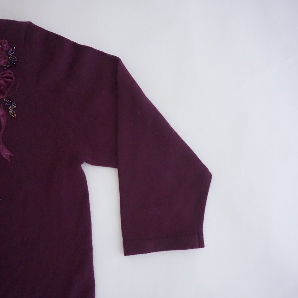 Vintage Alfred Dunner Plum Beaded Floral Bow Embroidered Wool Knit Cardigan M - Picture 4 of 10
